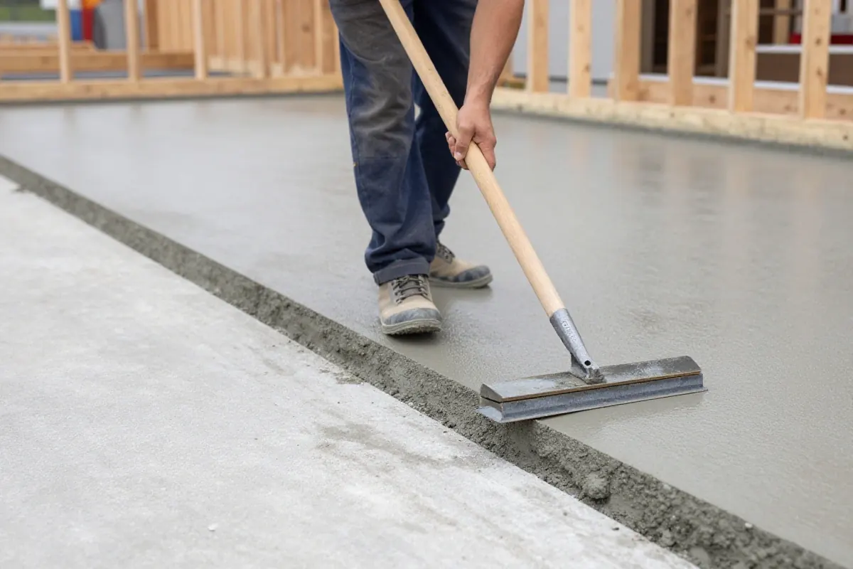 Concrete finisher smoothing a freshly poured commercial sidewalk