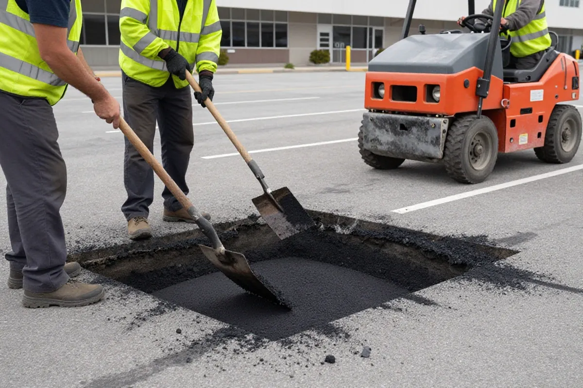 Crew placing hot asphalt patch into a saw-cut pothole repair