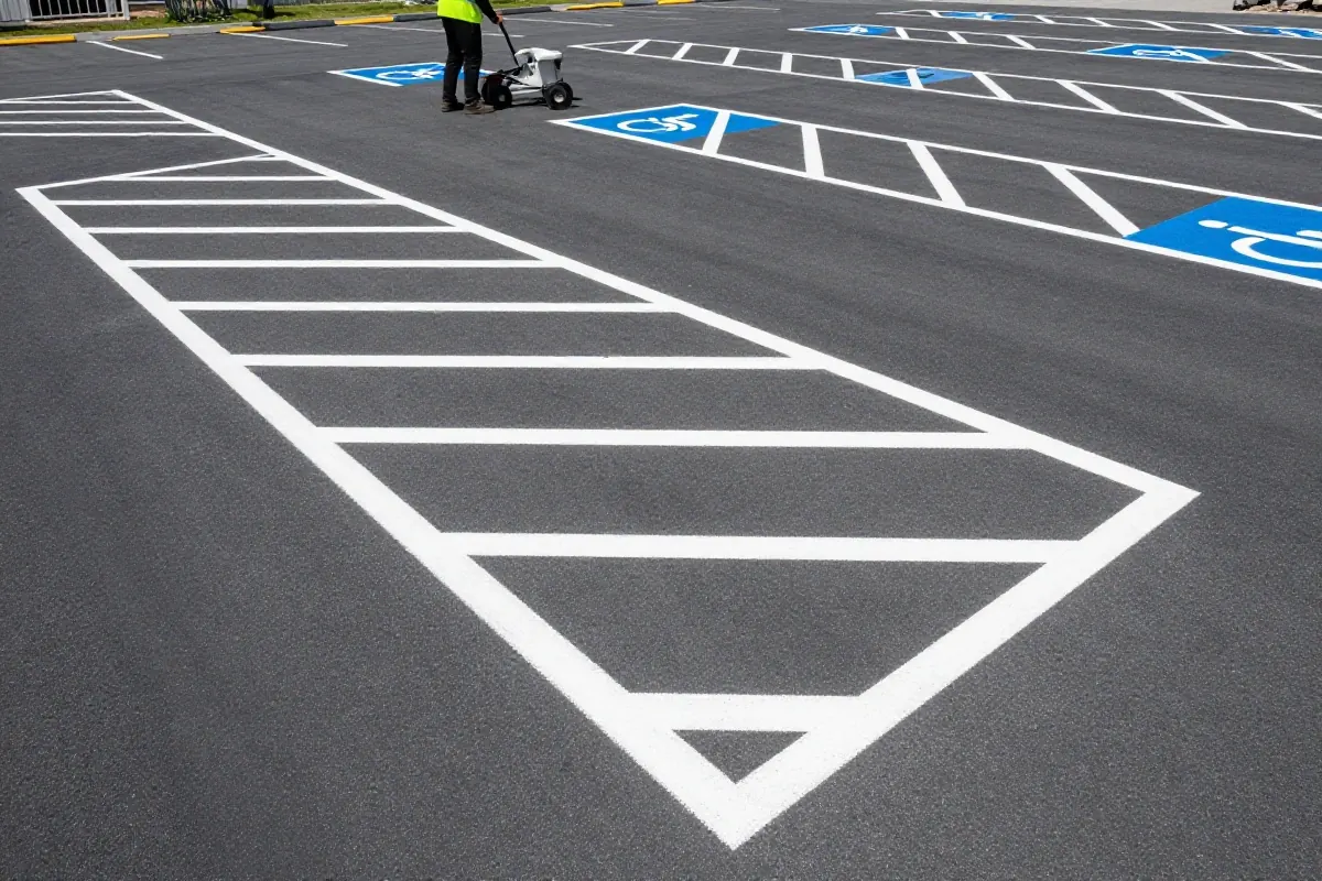 Freshly striped white parking stalls with accessible parking symbol